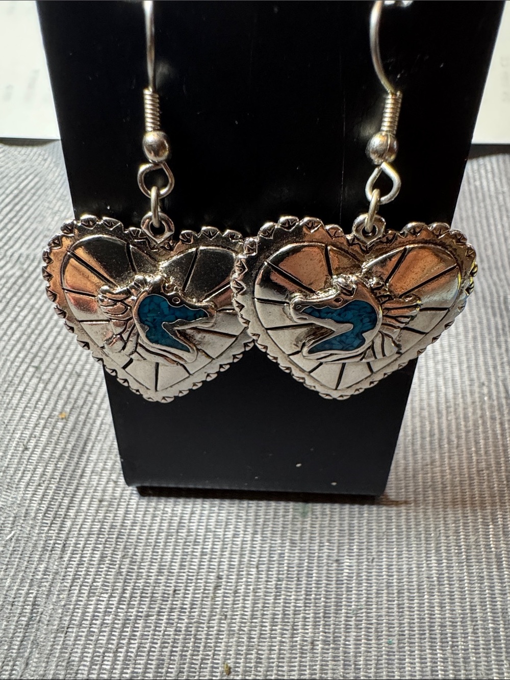Source Unknown Silver Heart Earrings with Blue Inlay - Women Jewelry